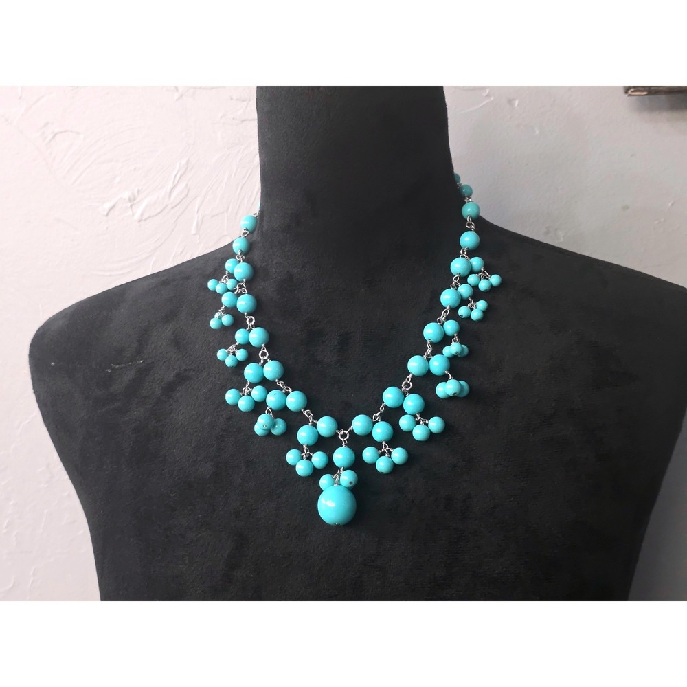 Talbots Turquoise Blue Beaded‎ Statement Cluster Bib Necklace Silver Tone T Logo